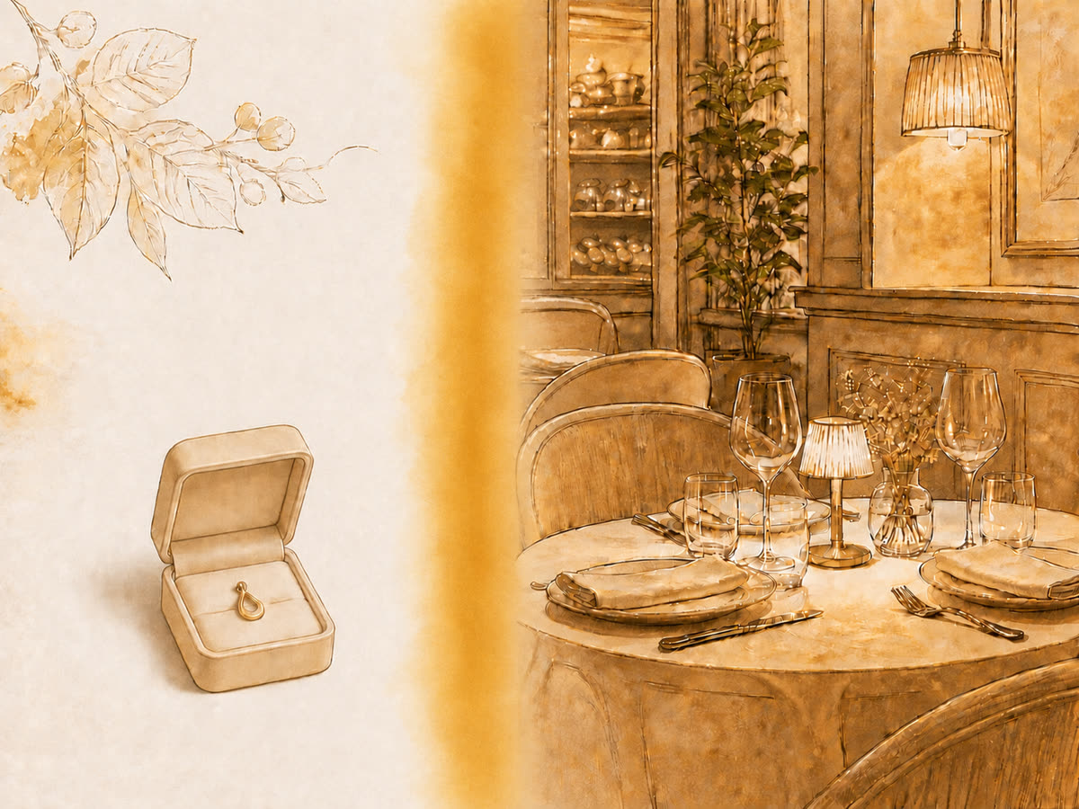 Piccolo ciondolo in oro accanto a una cena per due, confronto di valore indicativo