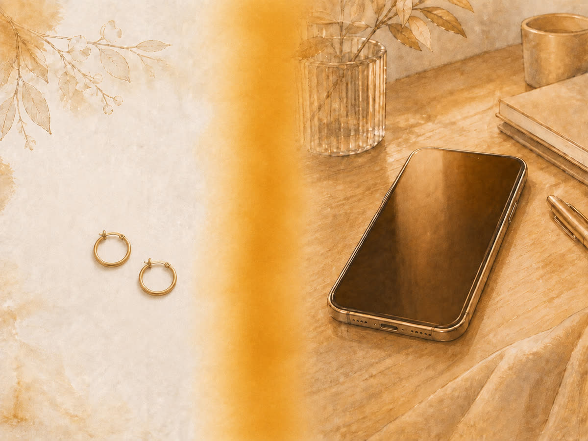 Orecchini in oro accanto a uno smartphone, confronto di valore indicativo