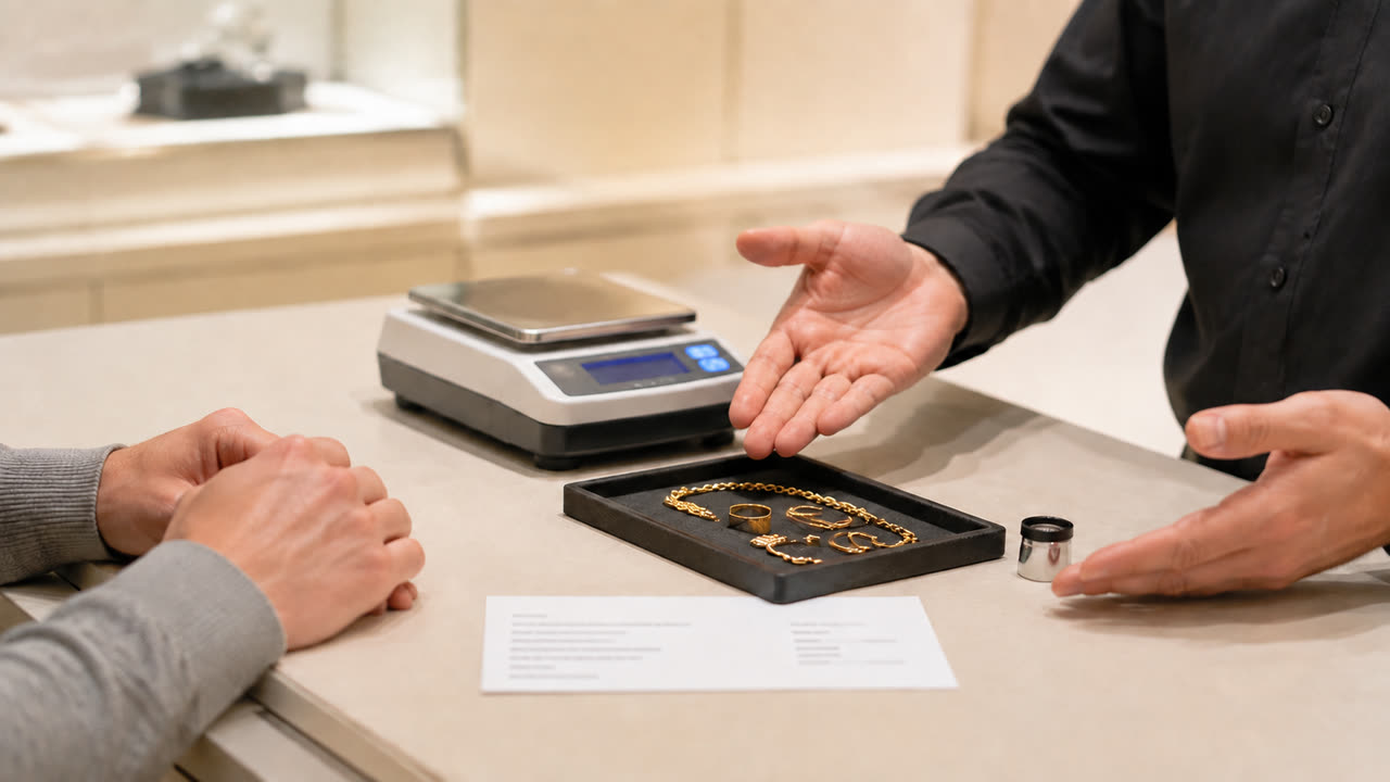 Rappresentazione illustrativa di una valutazione svolta davanti al cliente con bilancia, gioielli e ricevuta